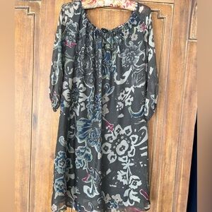 Floral Patterned Silk Tunic Dress with 3/4 Sleeves